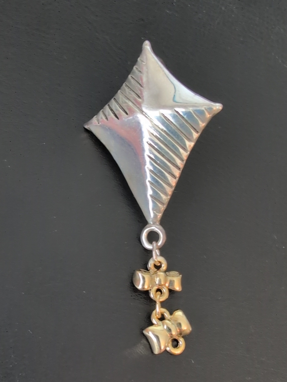 Vintage Silver and Gold Tone Kite-Shaped Pendant with Dangle Bow Accents